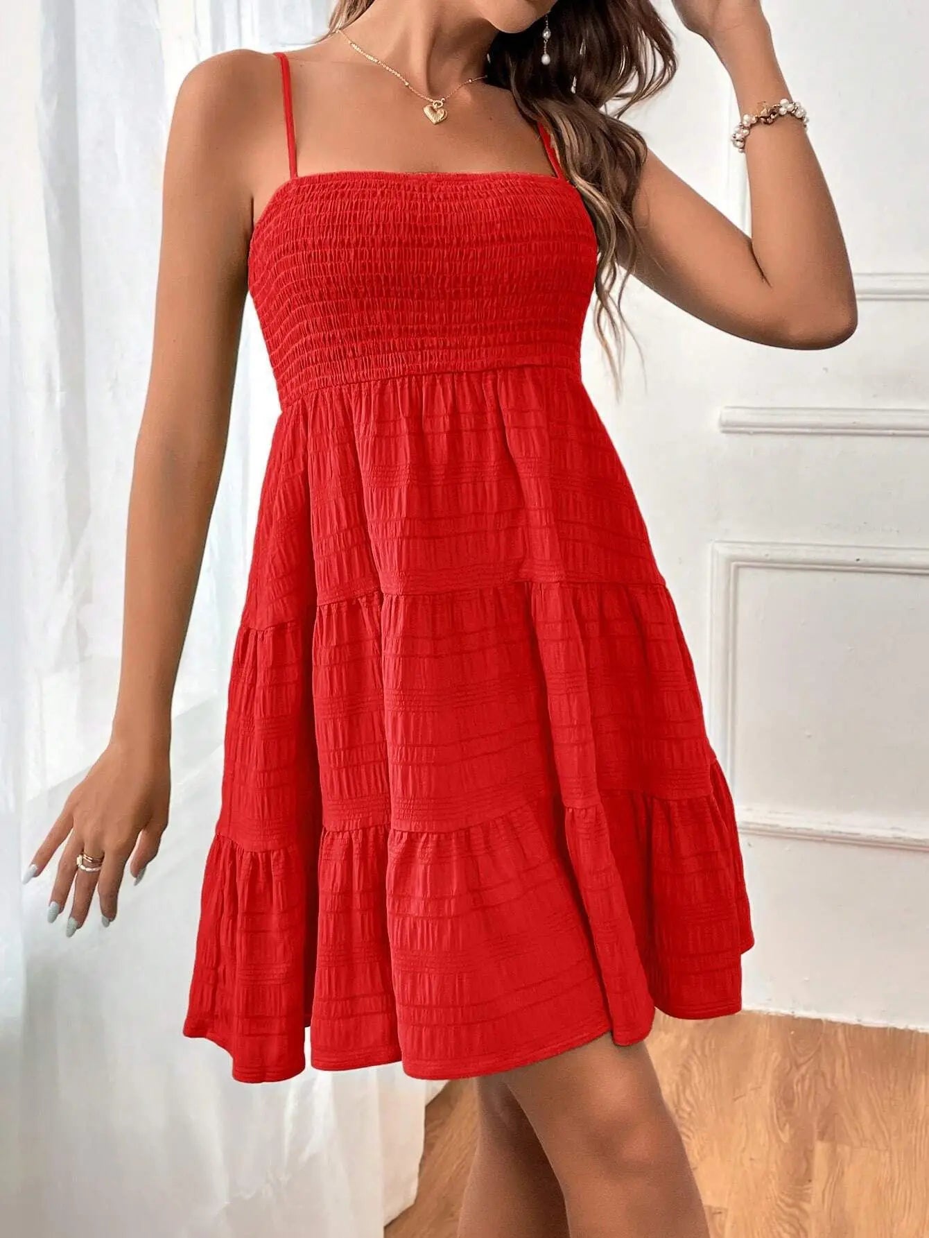 Cralom Solid Color Texture Strap Skirt One Piece Swimsuit