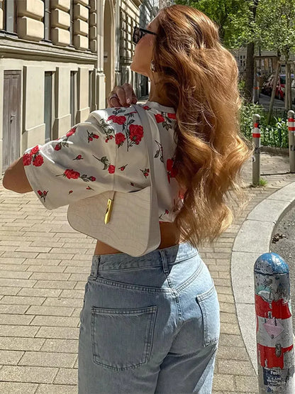 Cralom 3D Rose Print Women's Crop Top - Vintage Floral Retro Design