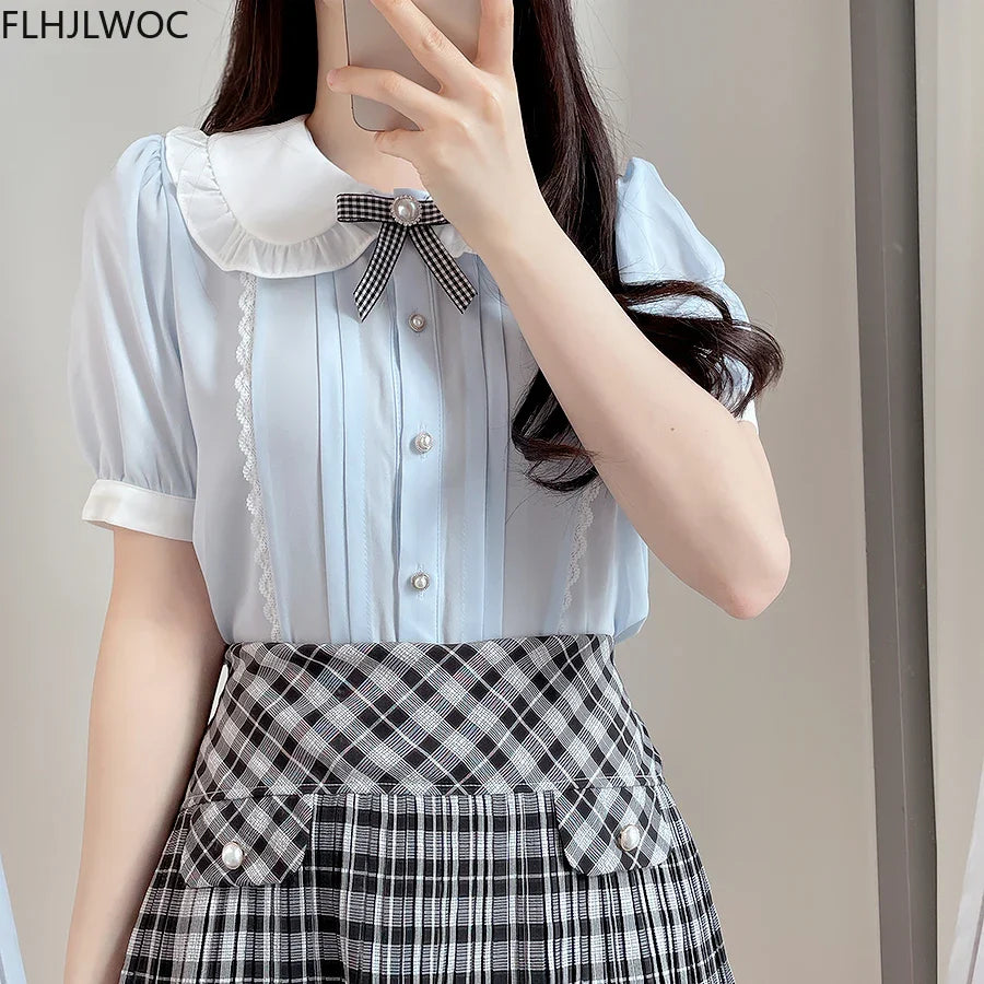Cralom Sweet Girls Ribbon Bow Tie Blouse Light Blue Ruffles Lace Button Shirt
