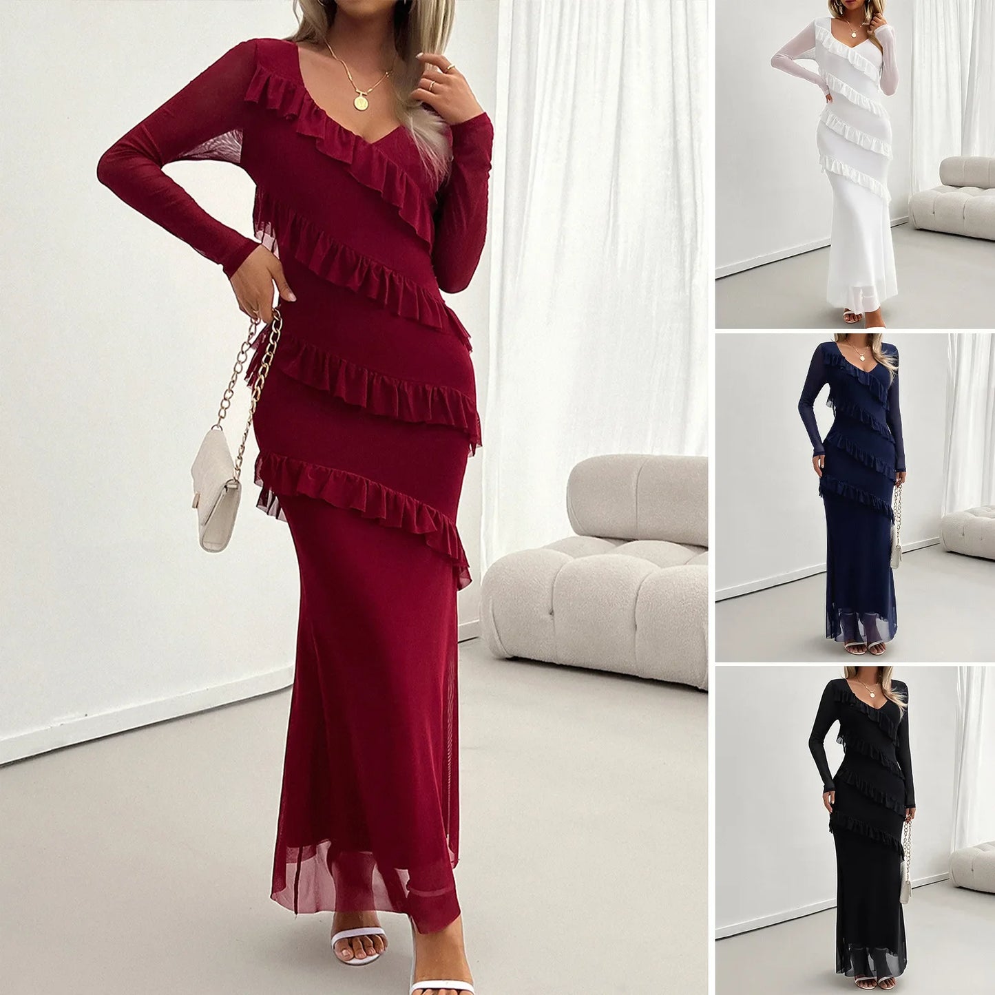 Cralom Women's V-Neck Mesh Dress: Solid Color, Slim Fit, Long-Sleeved. Suitable for Autumn & Winter.