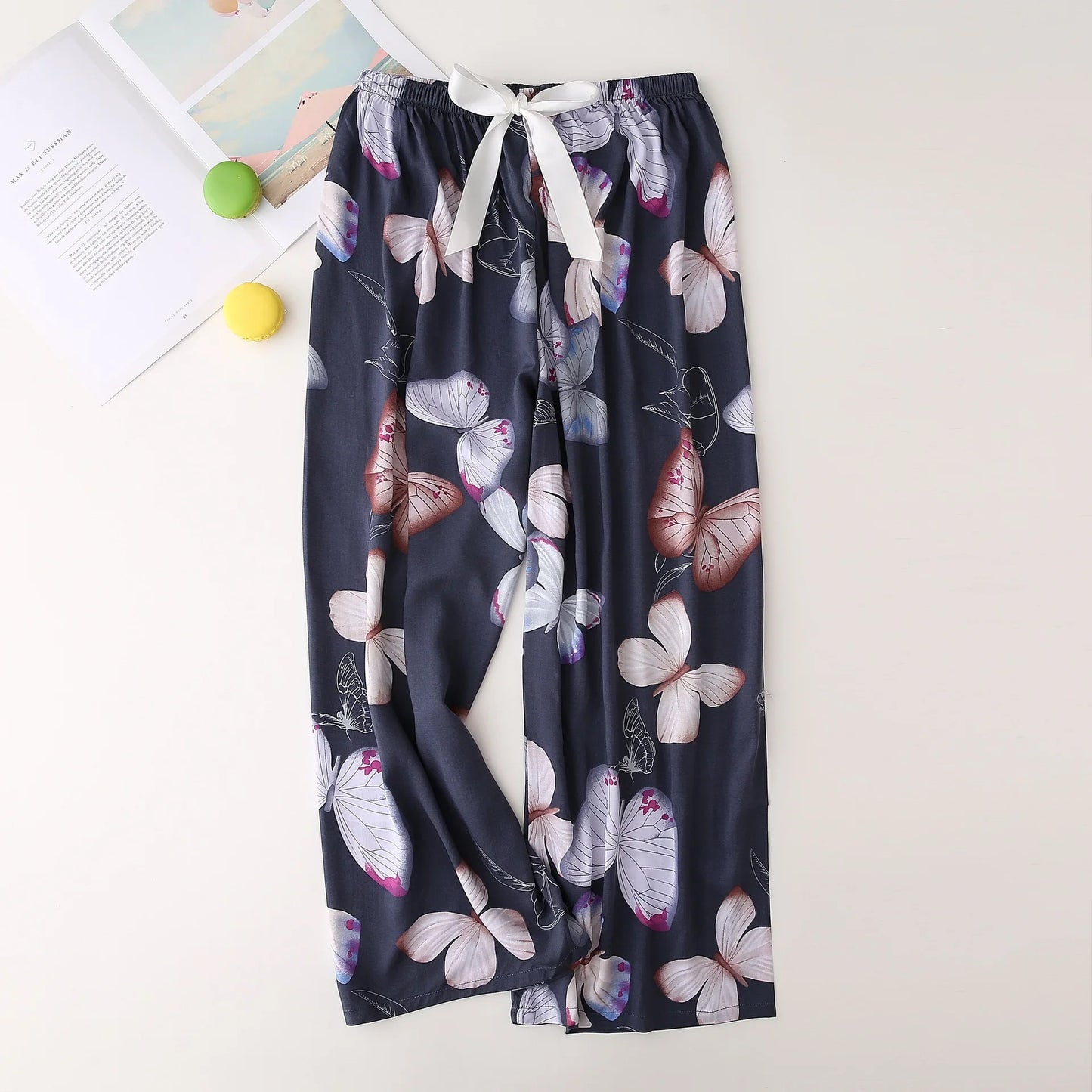 Cralom Floral Cotton Silk Pajama Pants Women's Loose Wide-leg Trousers