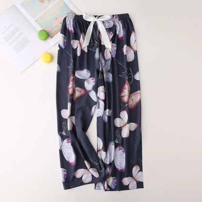 Cralom Floral Cotton Silk Pajama Pants Women's Loose Wide-leg Trousers