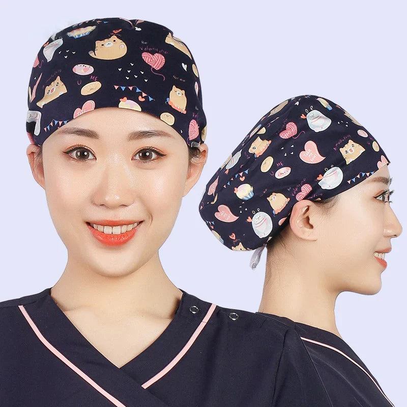 Cralom Women's Cat Print Doctor Hat for Pediatrics & Veterinary Clinics