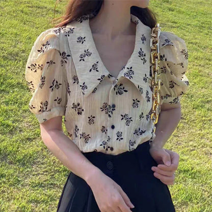 Cralom 2025 Summer Puff Sleeve Floral Print Vintage Shirts