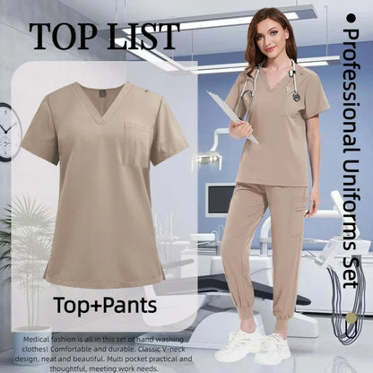 Cralom Multicolour Nurse Scrubs Set V-neck Top Pocket Pants