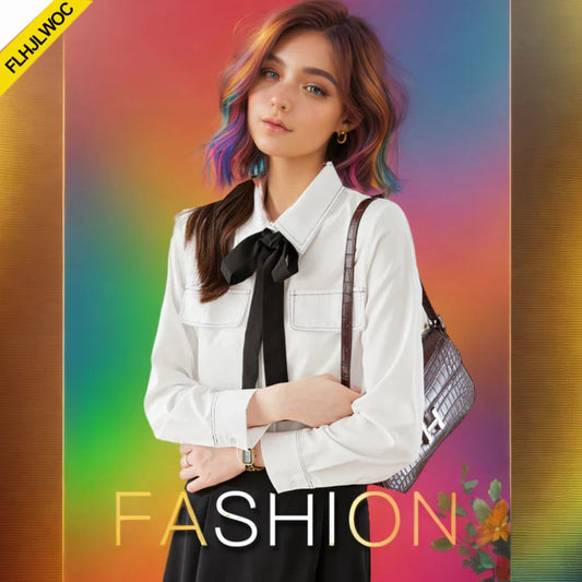 Cralom White Bow Tie Office Blouse Women's Workwear Office Chic Button-Up