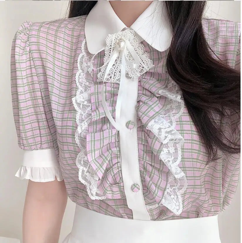 Cralom Ruffled Lace Blouse: Stylish White Button-Down Shirt for Office Ladies