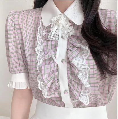 Cralom Ruffled Lace Blouse: Stylish White Button-Down Shirt for Office Ladies