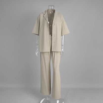 Cralom 2025 Summer Casual Cotton 2-Piece Set: Short-Sleeved Shirt & Loose Pants