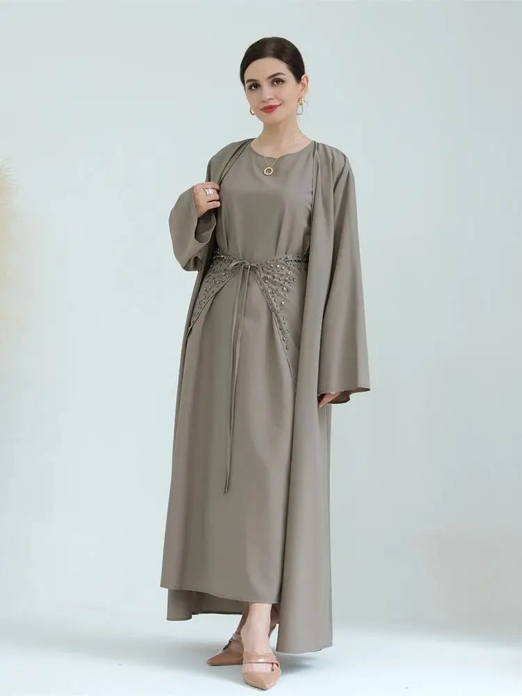 Ramadan Eid Open Abaya 3-Piece Set by Cralom: Elegant Muslim Prayer Dress & Kimono
