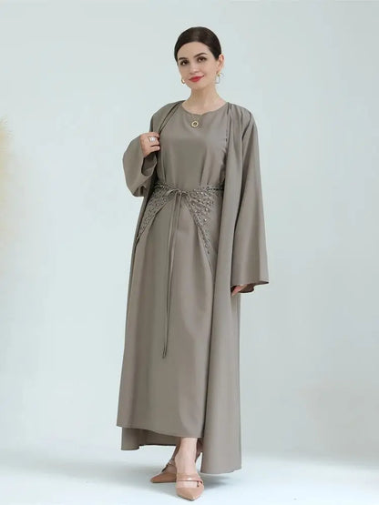 Ramadan Eid Open Abaya 3-Piece Set by Cralom: Elegant Muslim Prayer Dress & Kimono