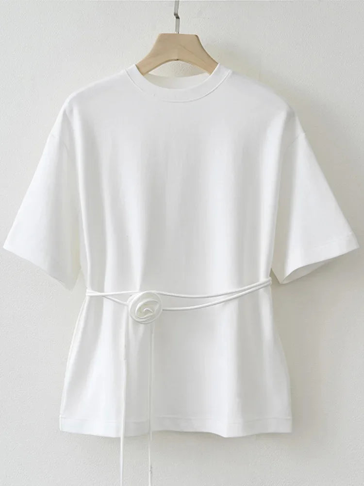 Cralom Lace Up Flower Shirt - Short Sleeve O-Neck Spring Outwear