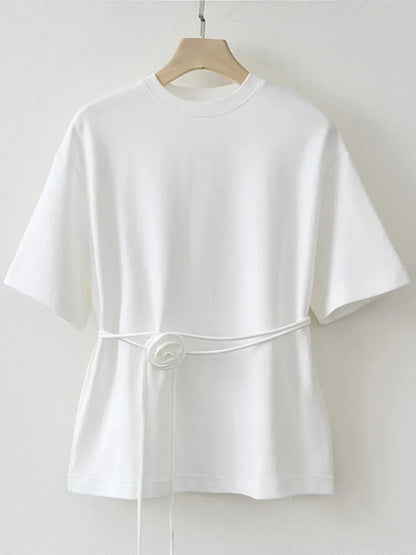 Cralom Lace Up Flower Shirt - Short Sleeve O-Neck Spring Outwear