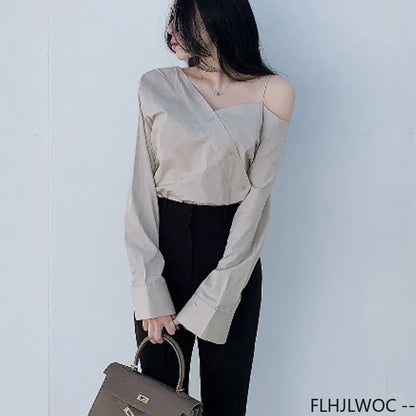 Cralom Button Blue One Shoulder Top: Office Chic Flare Sleeve Blouse
