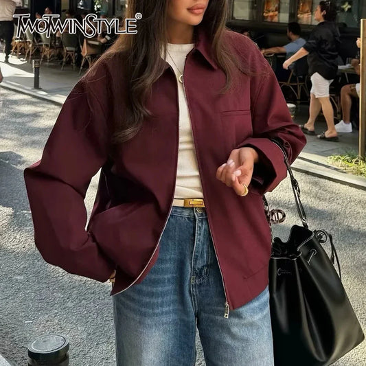 Cralom Solid Spliced Lapel Jacket Loose Fit Minimalist Chic Coat