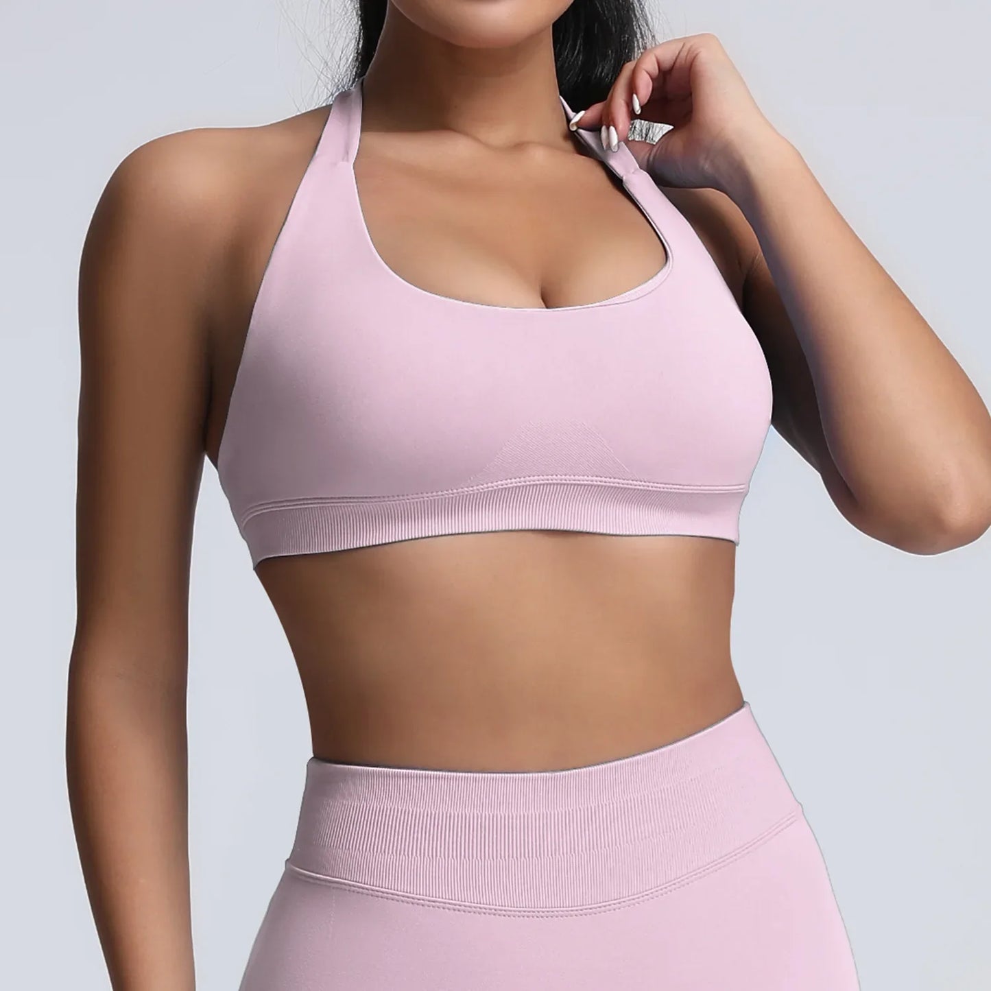 Cralom Yoga Halter Sports Bra Open Back Padded Crop Top Gym Fitness Running Top