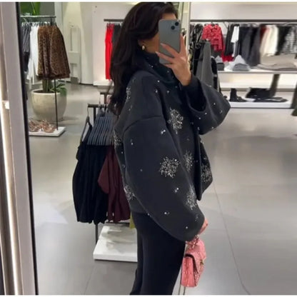 Cralom Diamonds Loose Jacket Stand Neck Patchwork Coat