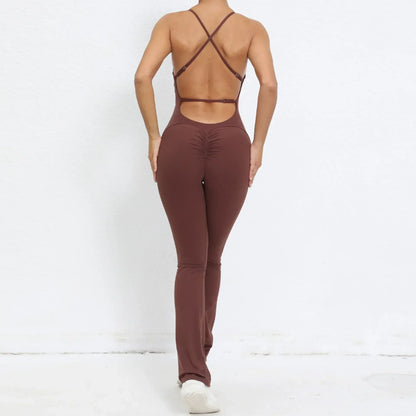 Cralom Seamless Yoga Set for Women, Open Back Flared Pants Gym Jumpsuit