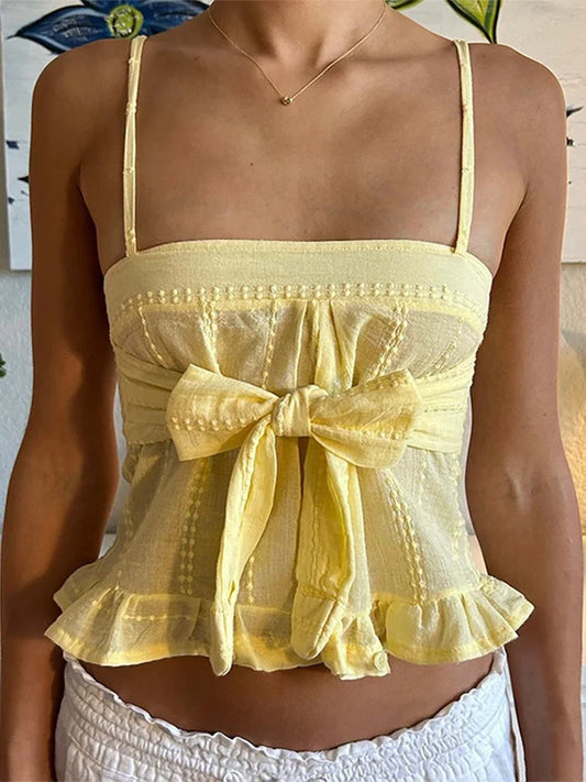 Cralom Yellow Ruffles Backless Tank Top - Summer Sweet Street Style