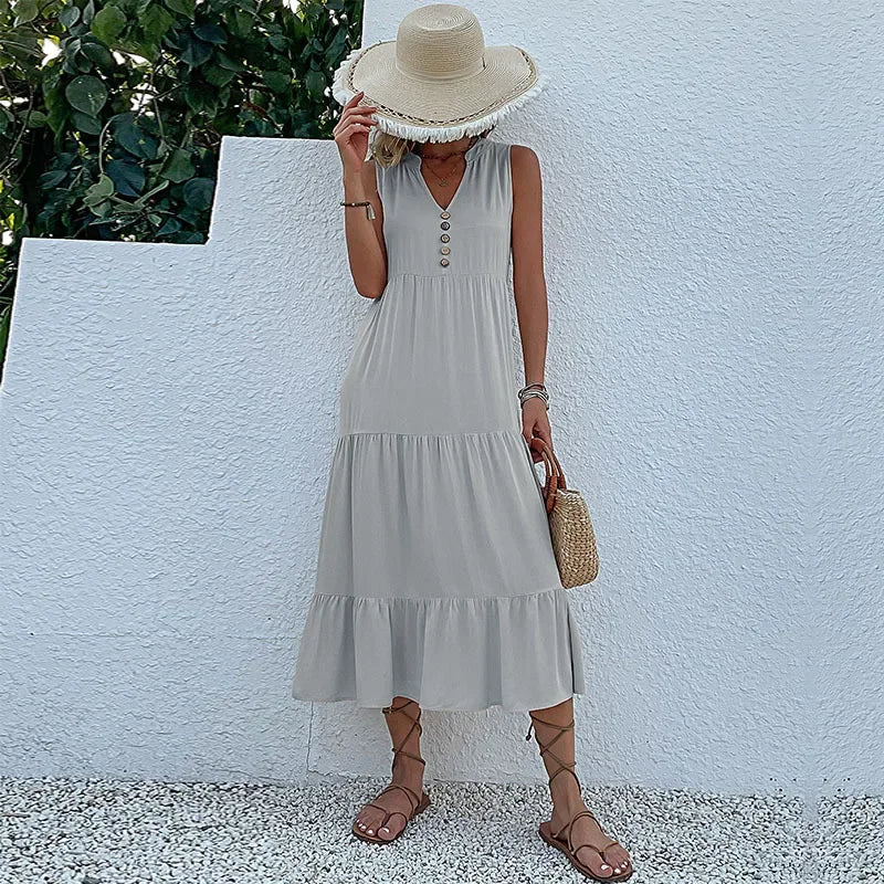 Cralom Women's Solid Color Loose A-Line Midi Dress - 2024 Summer Fashion