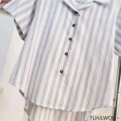 Cralom 2025 Summer Striped Button Blouse - Short Sleeve Casual Retro Top for Women