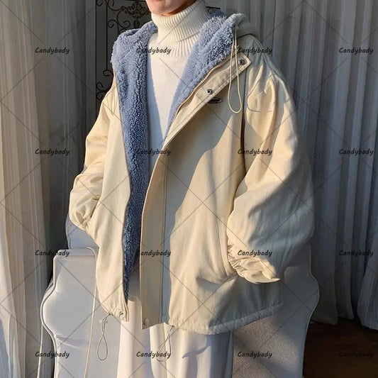 Cralom Men's Y2K Style Lambswool Coat - Retro Street Fashion & Thick Tooling Cotton Jacket