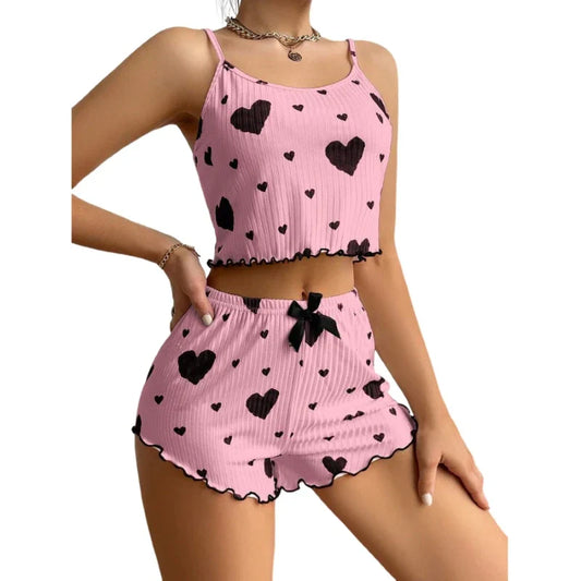 Heart Print Pajama Set with Adjustable Cami Top and Bow Shorts for Women by Cralom