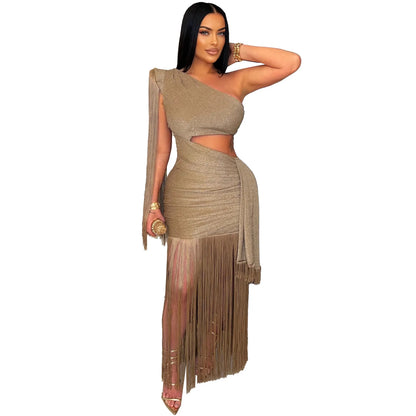 Cralom One Shoulder Tassel Long Dress