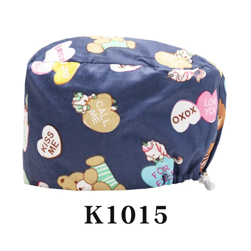 Cralom Bear Print Nurse Cap - Unisex Scrub Hat for Veterinary & Medical Use