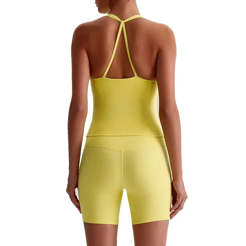 Cralom Women's Naked Feel Yoga Set with Backless Sports Bra and Butt Lifting Tight Shorts