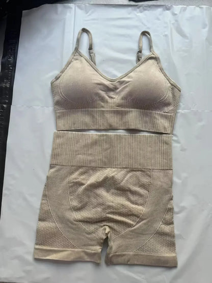 Cralom Sand Washed Seamless Yoga Set: Sports Bra & High Waist Gym Shorts