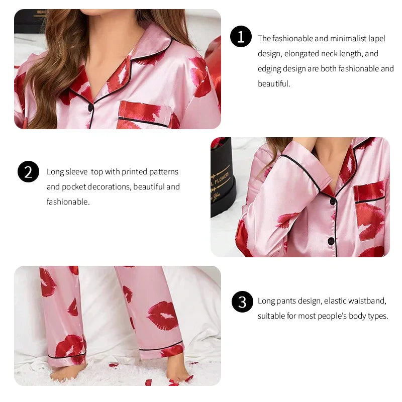 Cralom Red Lip Print Satin Pajama Set with Long Sleeve Top & Pants