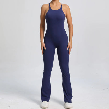 Cralom Yoga Set Flared Jumpsuit for Women Gym Workout Scrunch Bodysuits