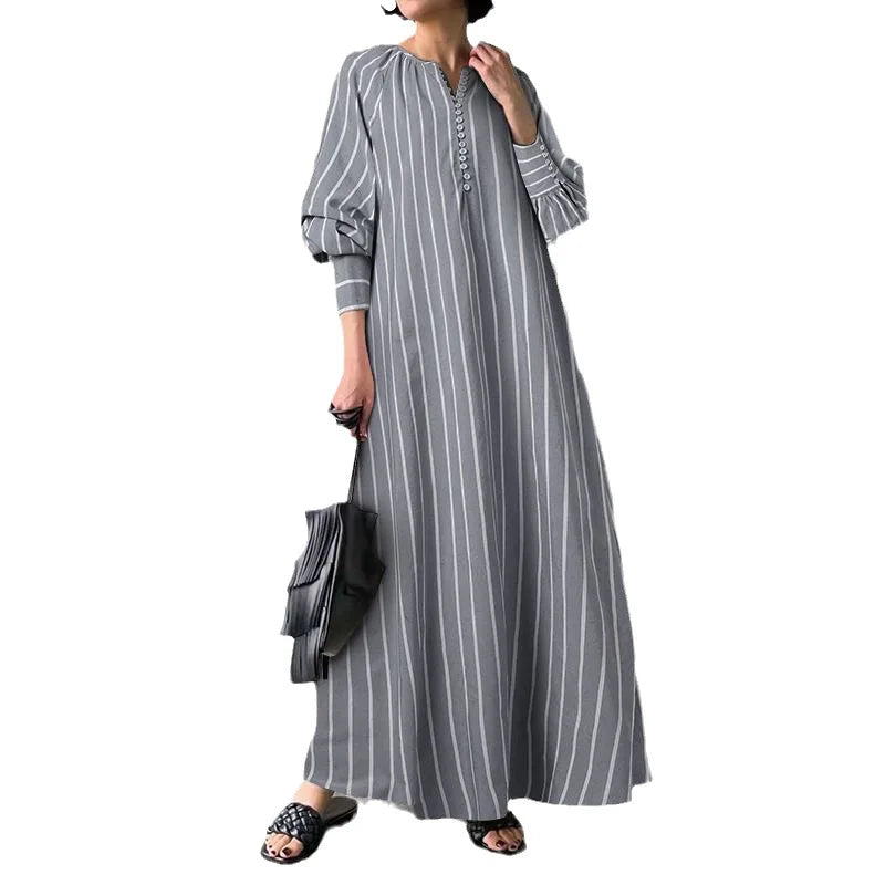 Cralom Striped Cotton Linen Long Sleeve Pullover Dress Summer 2024