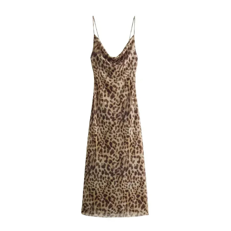 Cralom Leopard Print Tulle Backless Midi Slip Dress for Women
