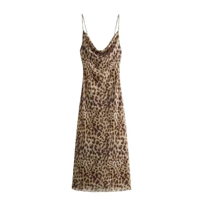 Cralom Leopard Print Tulle Backless Midi Slip Dress for Women