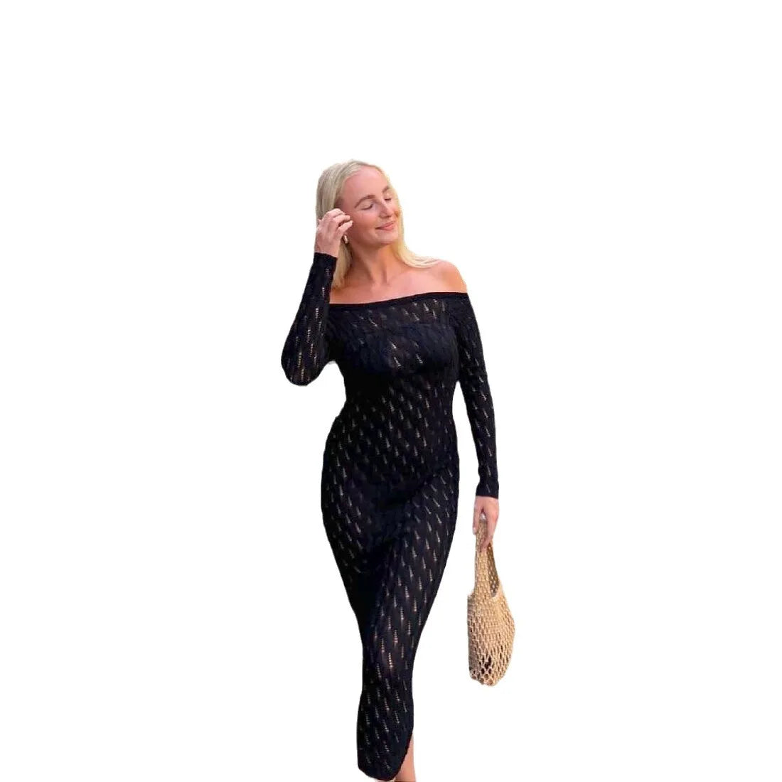 Cralom Off-Shoulder Knitted Long Dress with Elegant Hollow Out Design