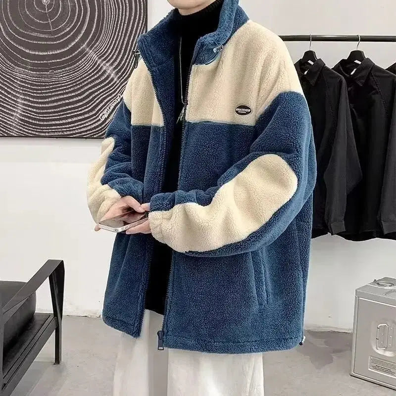 Cralom Men's Y2K Fashion Lamb Coat Plus Velvet Padded Leisure Jacket