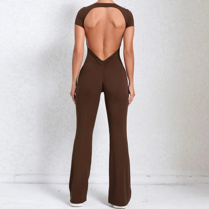 Cralom Deep Backless Yoga Jumpsuit - Flared Leg Naked Feeling Gym Wear