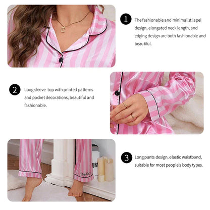Cralom Victoria Stripe Satin Pajama Set - Long Sleeve Tops & Pants Comfort Sleepwear