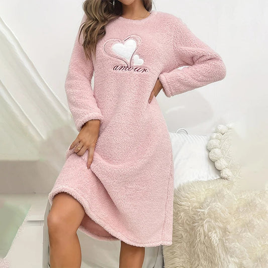 Cralom Heart Print Flannel Pajama Dress - Cozy Long Sleeve Nightgown for Women