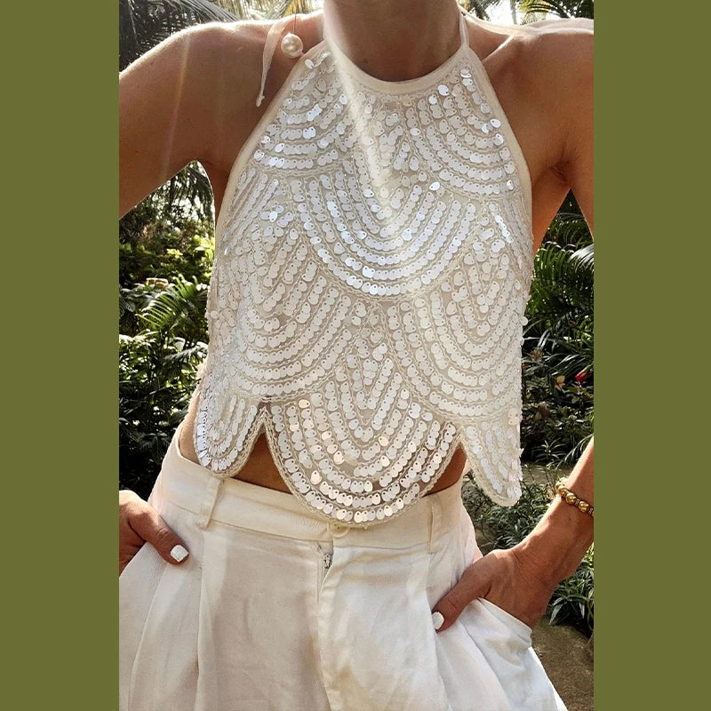 Cralom Glitter Sequin Halter Crop Top - Sexy Backless Tie-Up Tank