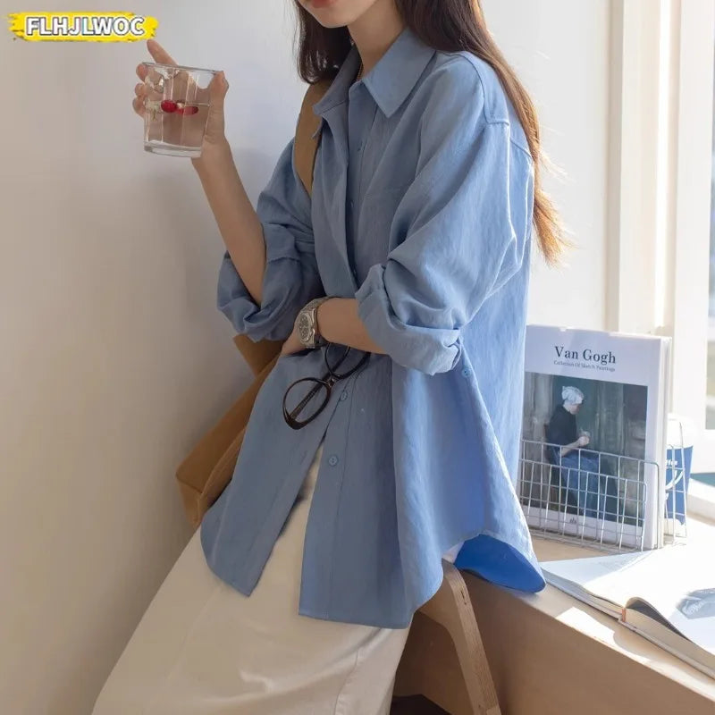 Cralom Retro Vintage Button-Up Blouse_Long Sleeve Loose Fit Boyfriend Style
