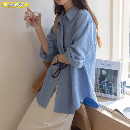 Cralom Retro Vintage Button-Up Blouse_Long Sleeve Loose Fit Boyfriend Style