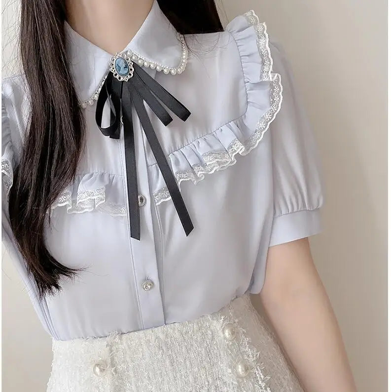 Cralom Ruffled Lace Blouse: Stylish White Button-Down Shirt for Office Ladies