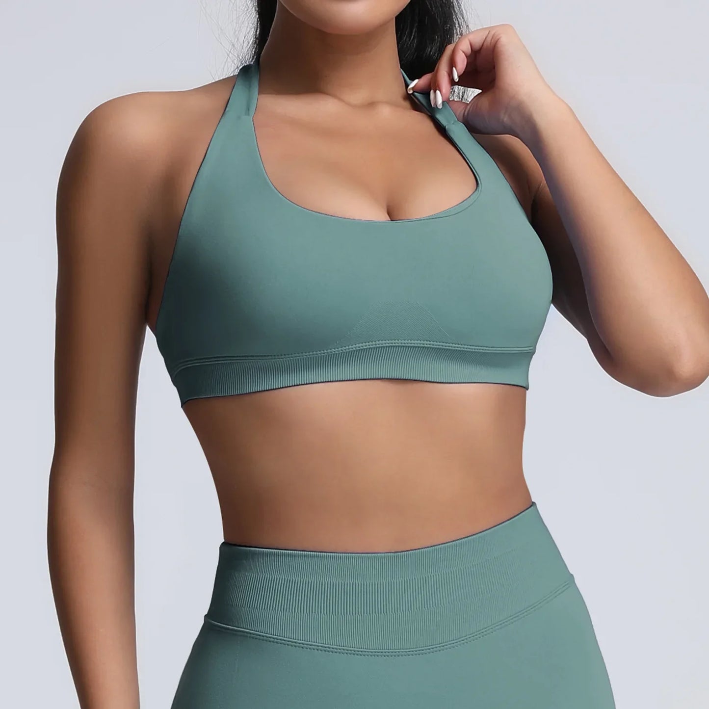 Cralom Yoga Halter Sports Bra Open Back Padded Crop Top Gym Fitness Running Top