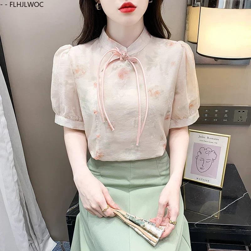 Cralom Floral Print Button Blouse Cute Retro Short Sleeve Tie Top