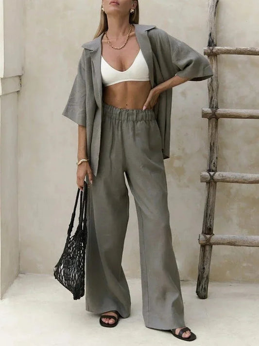 Cralom 2025 Summer Casual Cotton 2-Piece Set: Short-Sleeved Shirt & Loose Pants