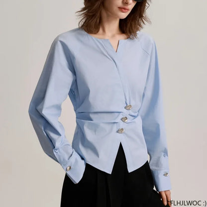Cralom Autumn 2024 Tunic Peplum Top: Long Sleeve Solid Slim Waist Button Shirt