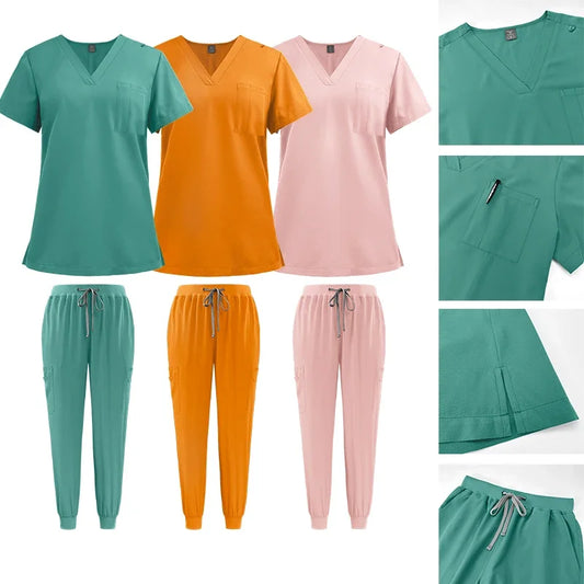 Cralom Quick Dry Jogger Nurse Scrubs Set - Short Sleeve Tops & Pocket Pants